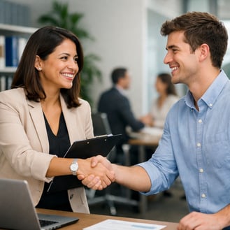 professional of Human resourses latin woman giving had shaking with an employee young man happy in an office